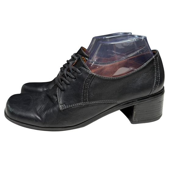 Vtg Y2K Naturalizer Oxford Shoes 9 Black Leather Lace Up Chunky Heel Square Toe - Picture 2 of 11
